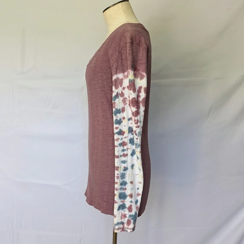 Free People Big Sur Top Long Tie Dyed Sleeves Scoop Neck Ribbed Knit Mauve L EUC